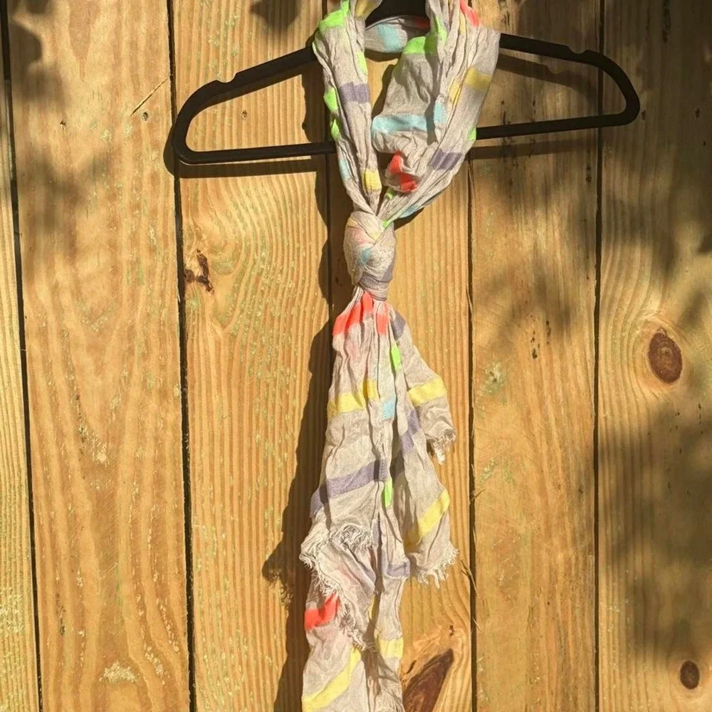 Multicolor Striped Summer Scarf Neon Gauze Crinkle Frayed Edge Wrap Beige Boho